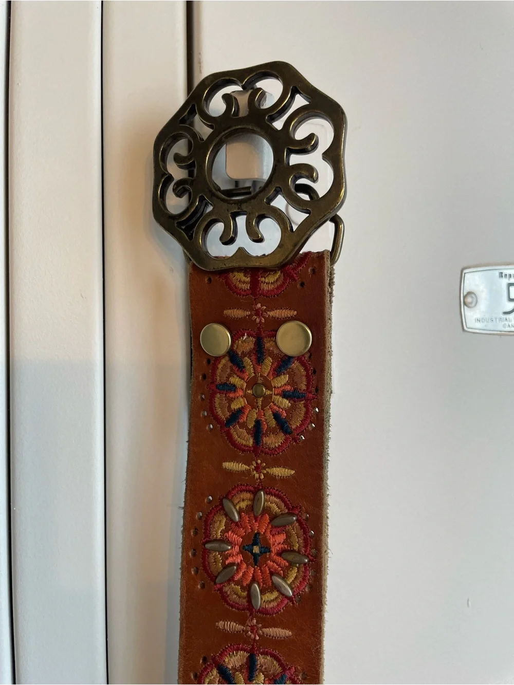 Lucky Brand Leather Embroidered Belt Brass Buckle Size L